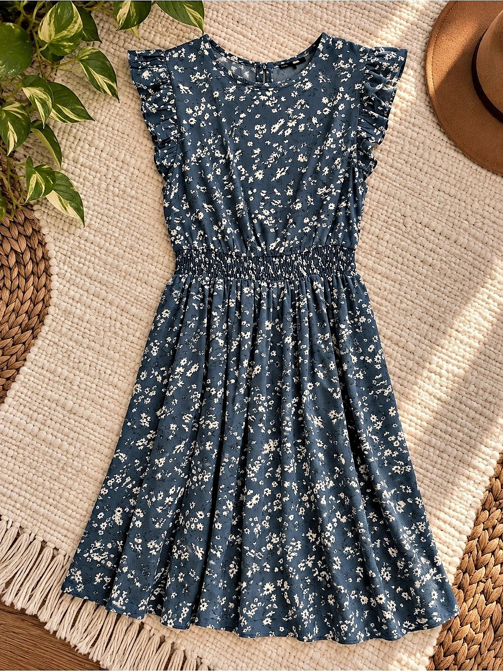 Floral Smocked Waist Midi Dress in Blue & White